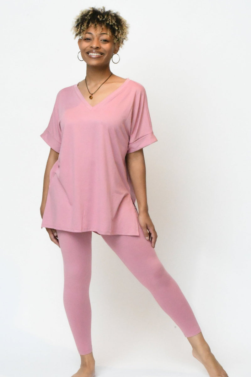 Microfiber V-Neck Top & Leggings (Light Rose)