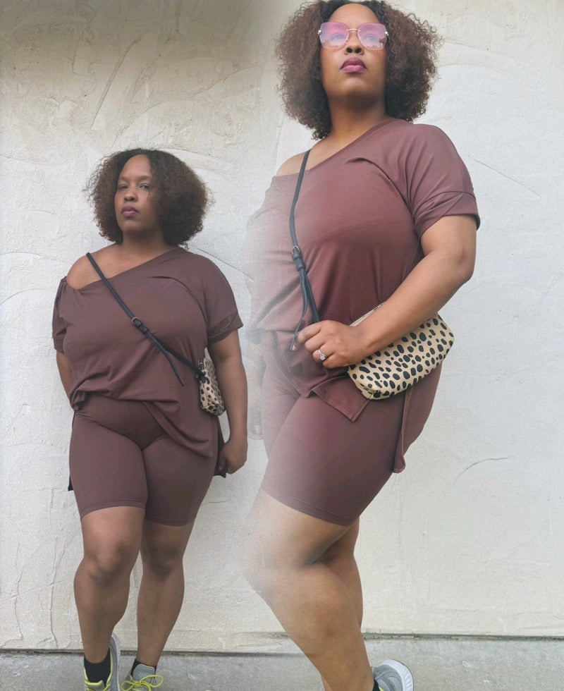 Microfiber V-Neck Top & Biker Shorts (Brown)