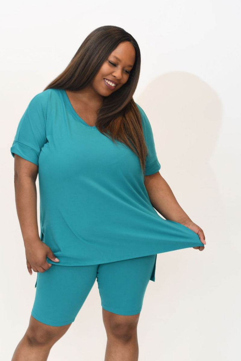 Microfiber V-Neck Top & Biker Shorts (Light Teal)