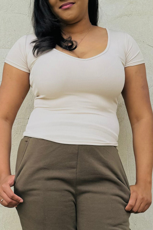 Ribbed V-Neck Short Sleeve Top