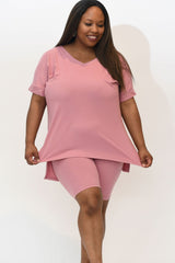 Microfiber V-Neck Top & Biker Shorts (Light Rose)