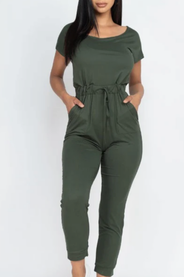 Stretchy Short Sleeve Drawstring Jumpsuit (Olive)