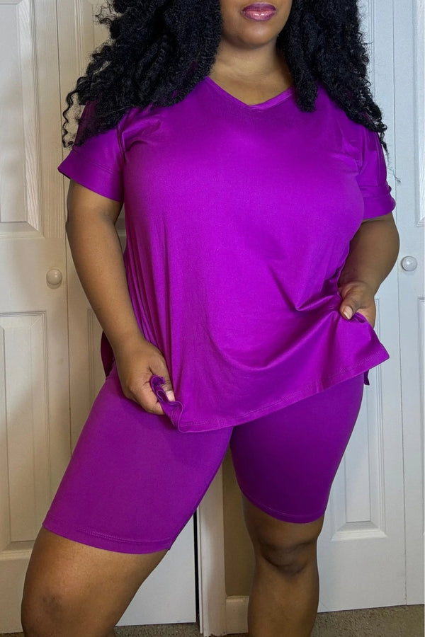 Microfiber V-Neck Top & Biker Shorts (Plum)